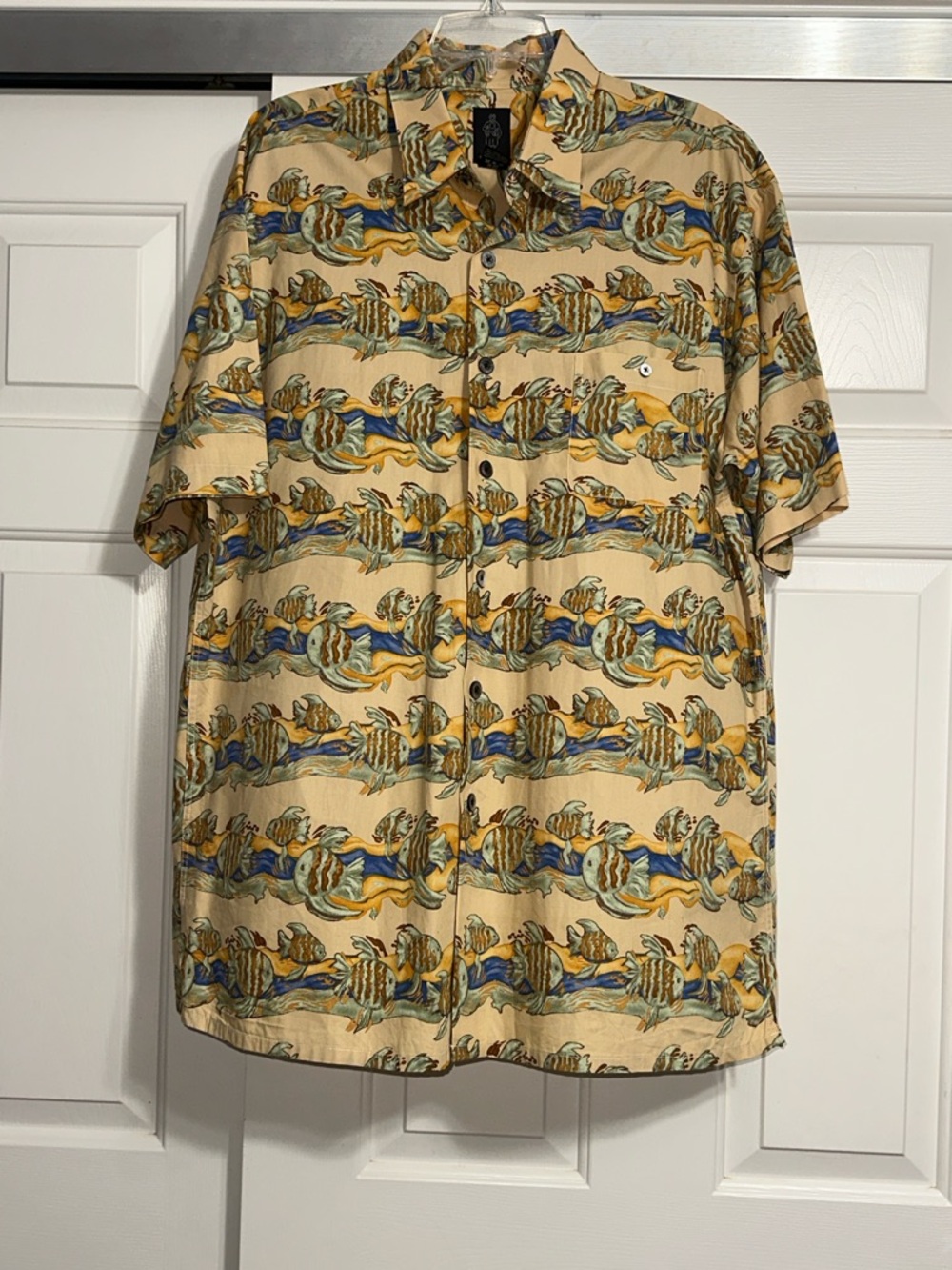 Guy Buffet Men's Beige Tropical Fish Print Short-Sleeve Shirt